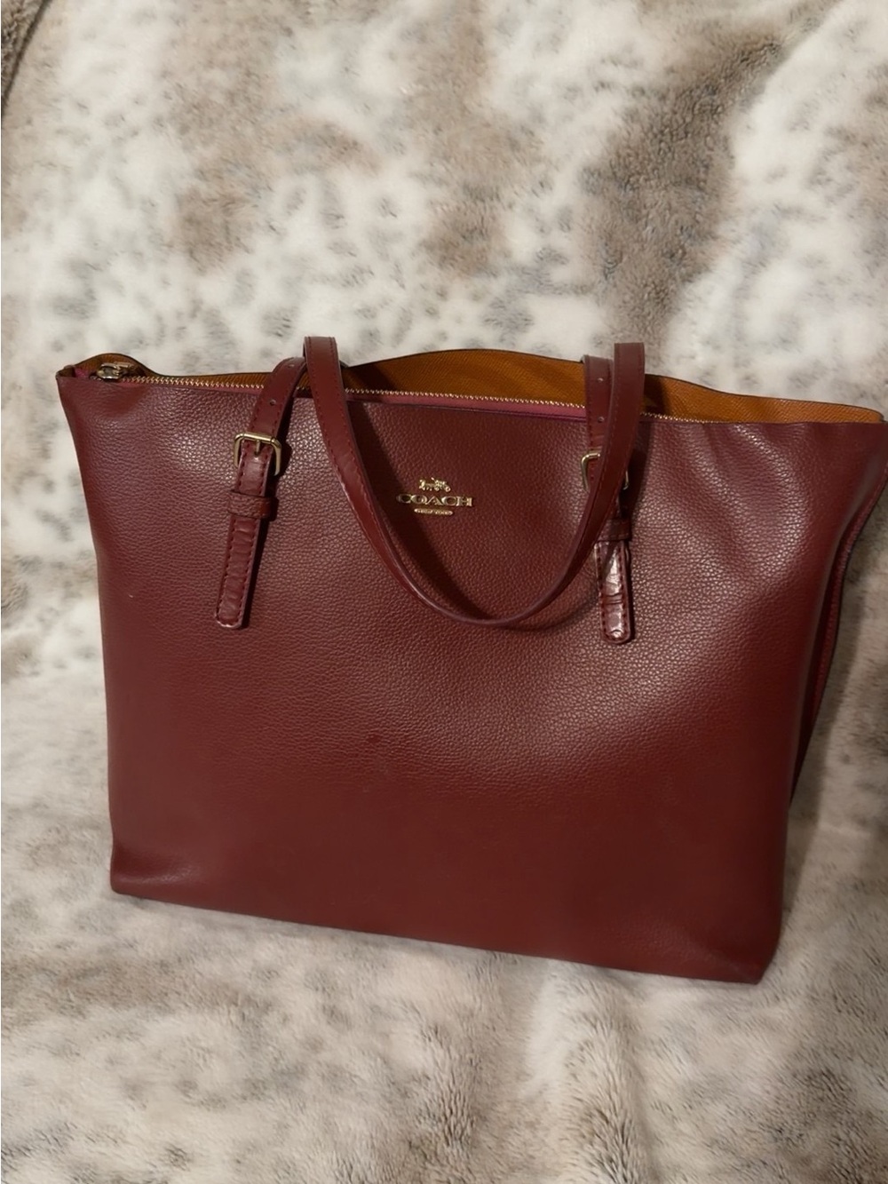 Coach Burgundy Pebble Leather Tote with Gold Logo